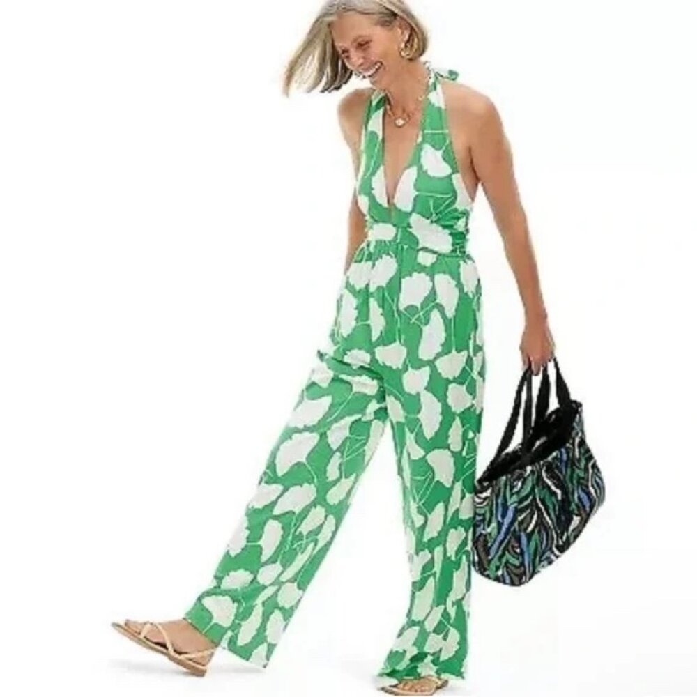 DVF For Target 💚 Green Ginkgo Print Halter Jumpsuit 💚 NWT XS